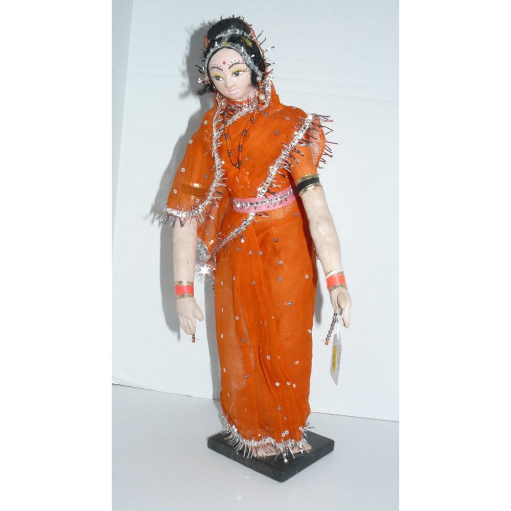 Handcrafted Indian Woman Doll Orange Intricate Beaded Sari Vintage
